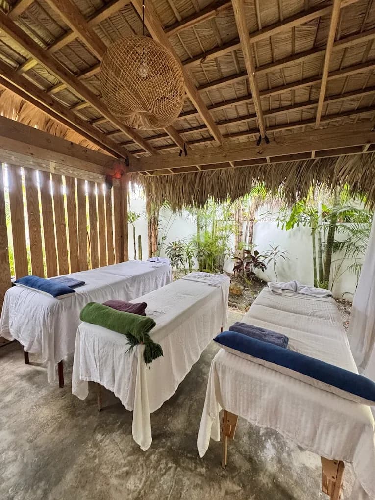Dos camillas de masaje lado a lado en una cabaña del jardín